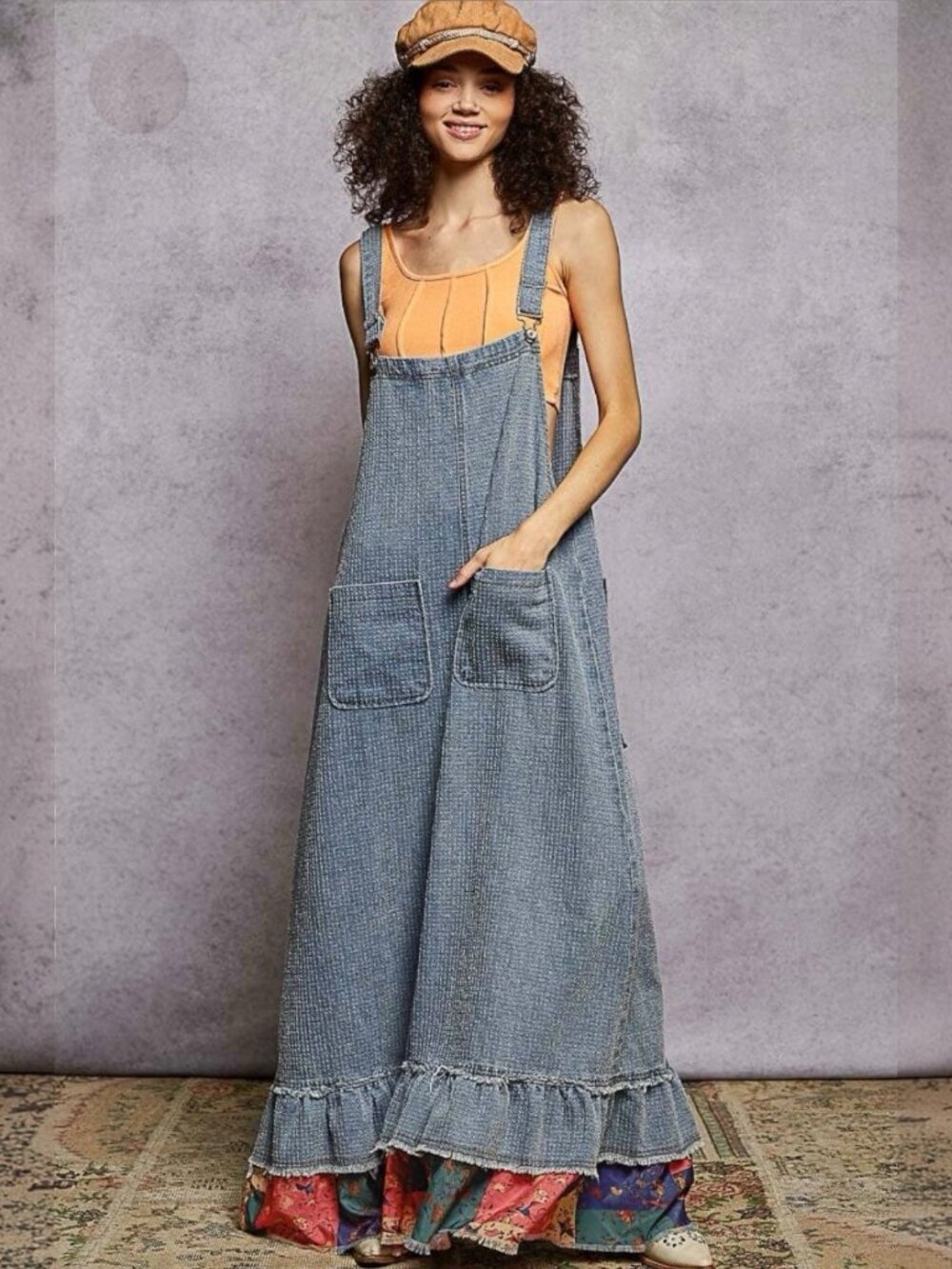 Pol Textured Denim Overalls 100%Cotton Wide-Leg Blue Size L Loose Fit Ruffle Hem - Picture 5 of 9